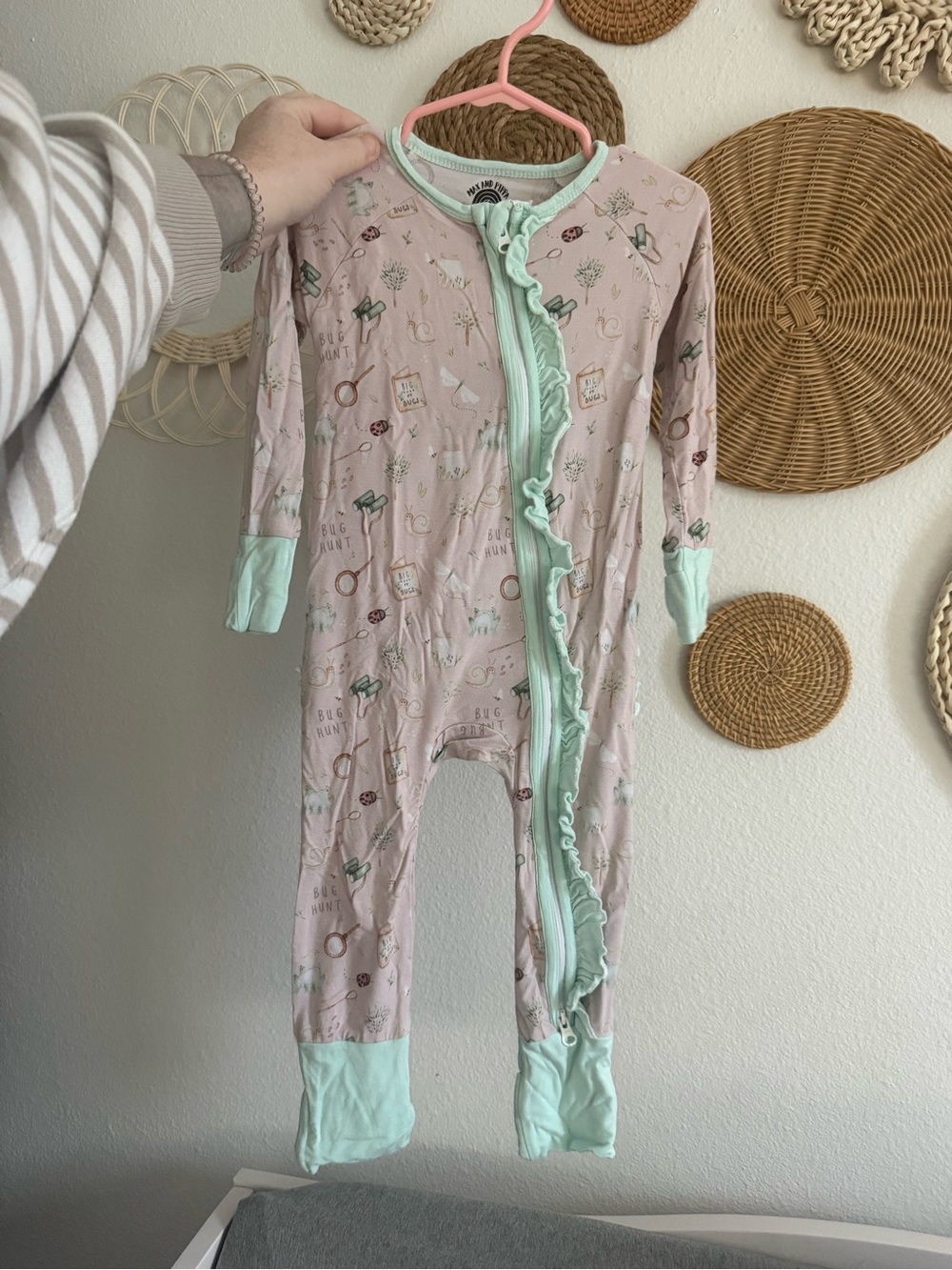 Pink & Mint Ruffle-Trim Footed One-Piece Pajamas
